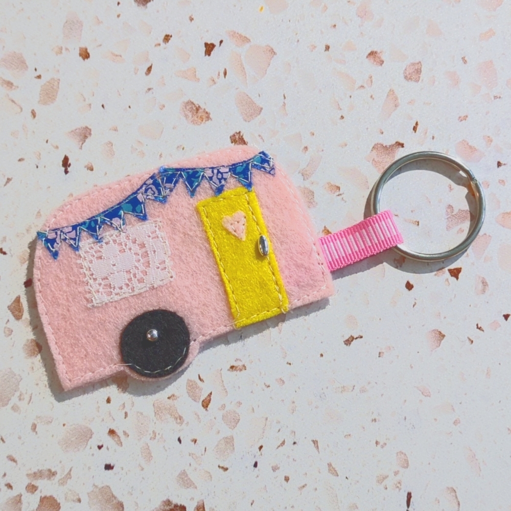 Happy Camper Key Fob Handcrafted Pink Felt Applique Lace Ribbon Bead | New #5